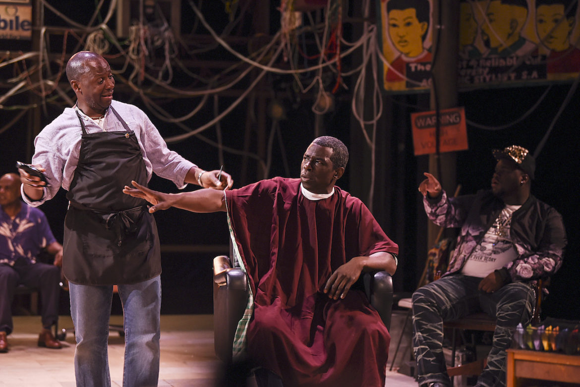 (From left) Cyril Nri, Abdul Salis and Tuwaine Barrett in Barber Shop Chronicles, Perth Festival. Photo: Toni Wilkinson