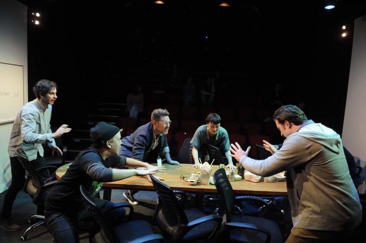 (L-R) Casey Filips, Harvey Zielinski, Ben Prendergast, Ngaire Dawn Fair and Darcy Kent in The Antipodes. Photo: Jodie Hutchinson