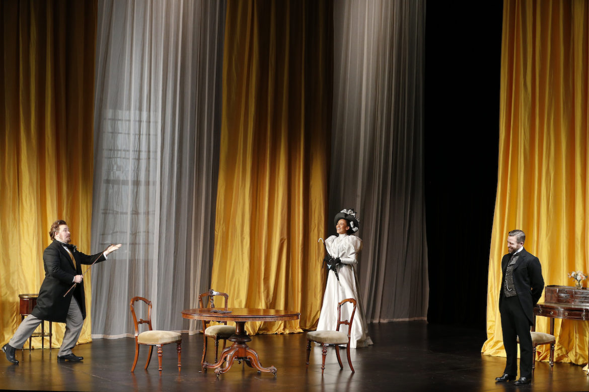 Brent Hill, Zindzi Okenyo and Simon Gleeson in MTC's An Ideal Husband. Photo: Jeff Busby