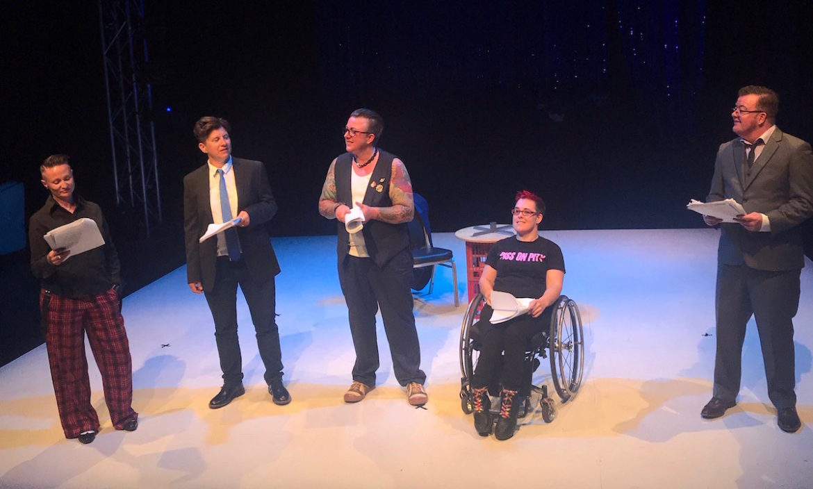 The Butch Monologue's Melbourne readers: from left, Fiona Jones, Anne "Dan" Harris, Quinn Eades, Jax Jacki Brown and Jacques De Vere. Photo: Supplied