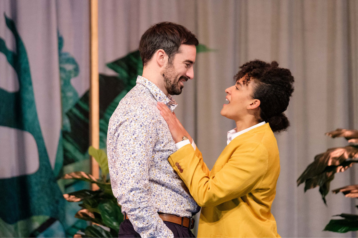 indzi Okenyo and Duncan Ragg in Bell Shakespeare’s Much Ado About Nothing. Photo: Clare Hawley